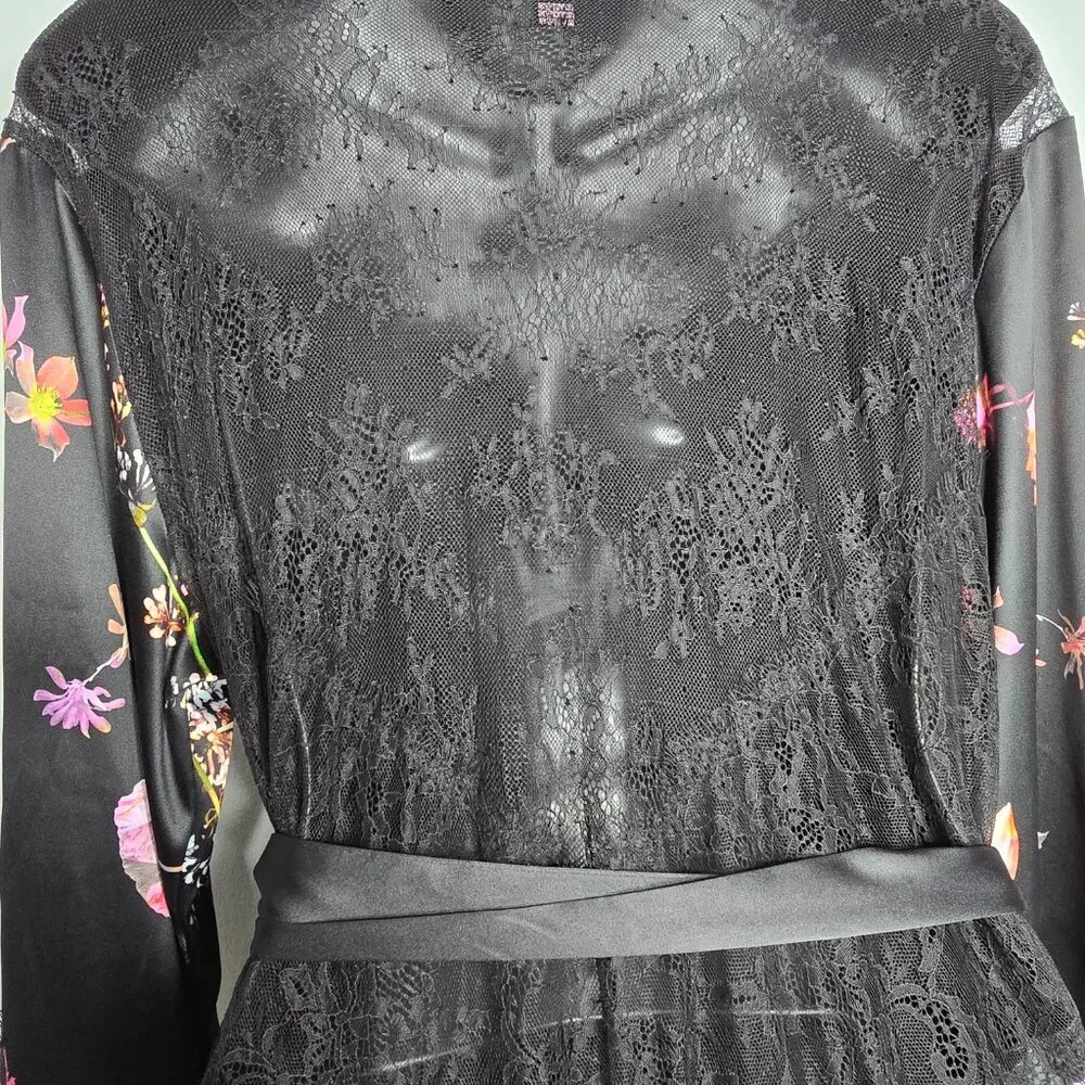 Victorias Secret Womens M/L Floral Satin Robe Kimono Sheer Lace Back with Belt‎